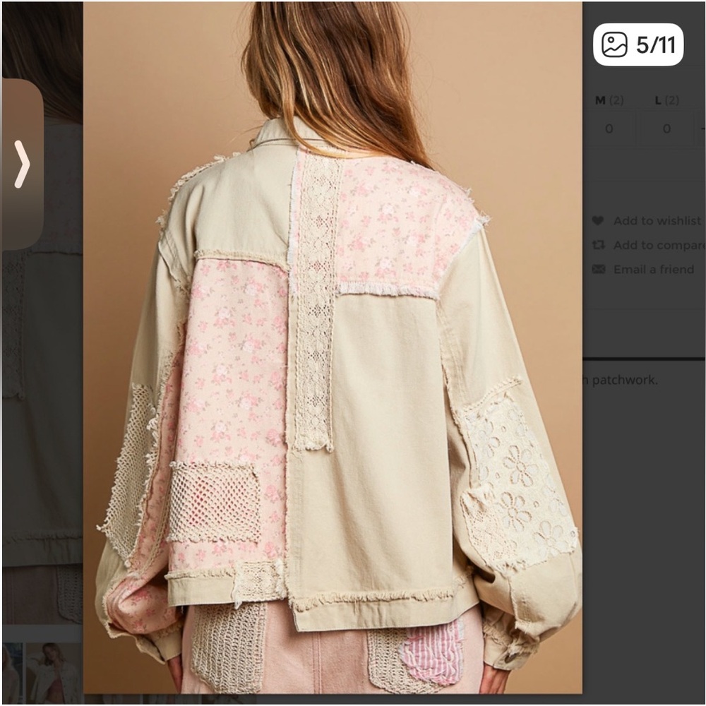 #184-0421 New POL Beige and Pink Jean Jacket with Crochet Accents - Picture 3 of 6
